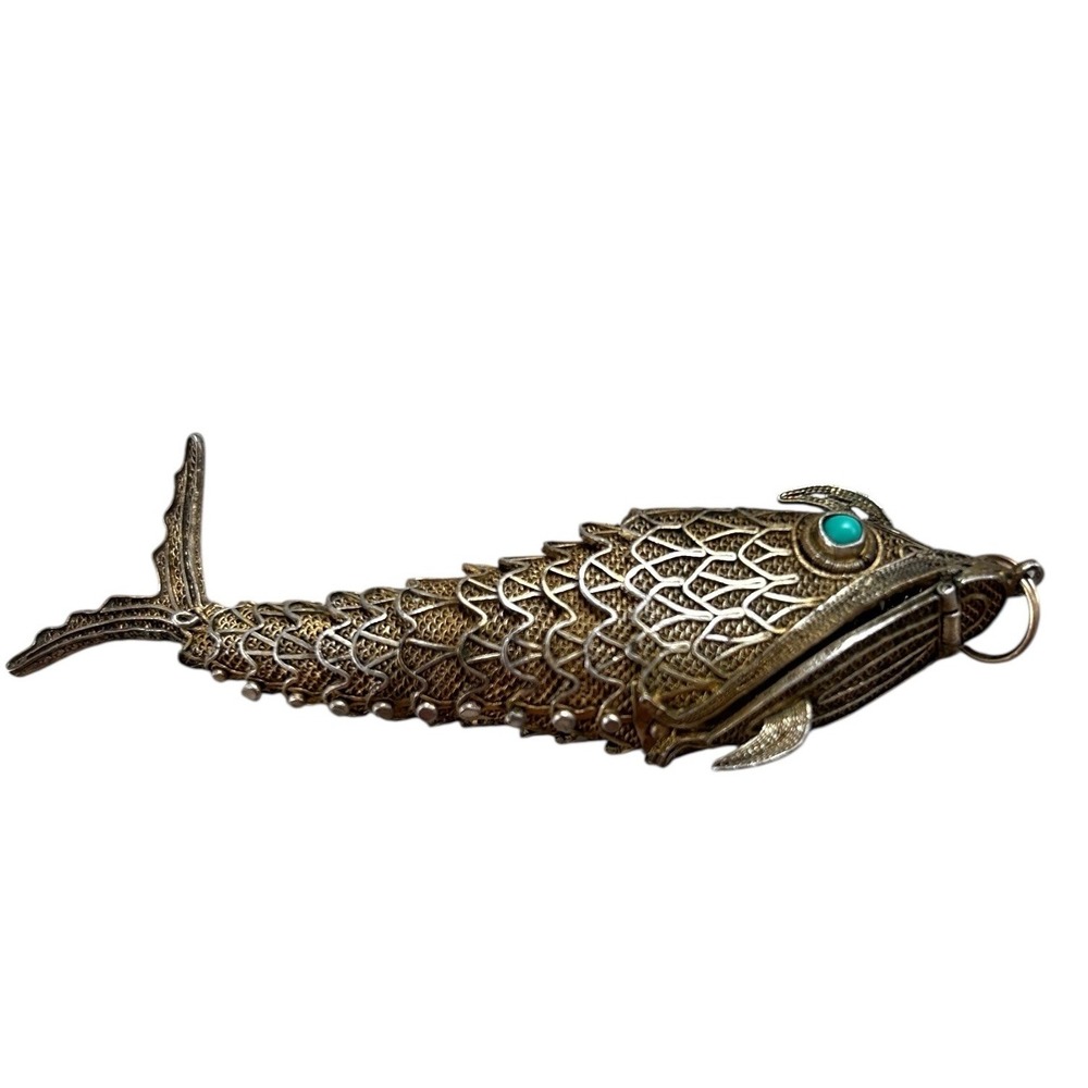 Antique Sterling Silver Articulated fish Judaica Besamin Havdala spice‎ holder